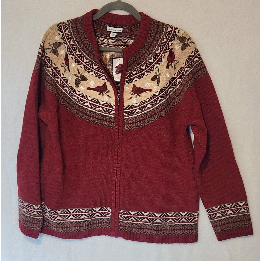 NWT Croft & Barrow Women's XL Red Zip Cardigan Cardinal Embroidered Fair Isle
